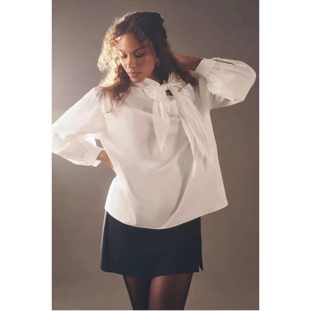 Anthropologie Maeve White Bow Tie Poplin Blouse 3X Plus Work Office Cotton Top